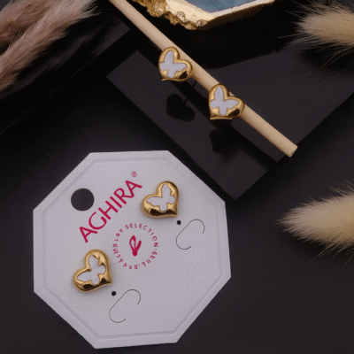 Heart Enamel Earrings – Gold Outline with White Center