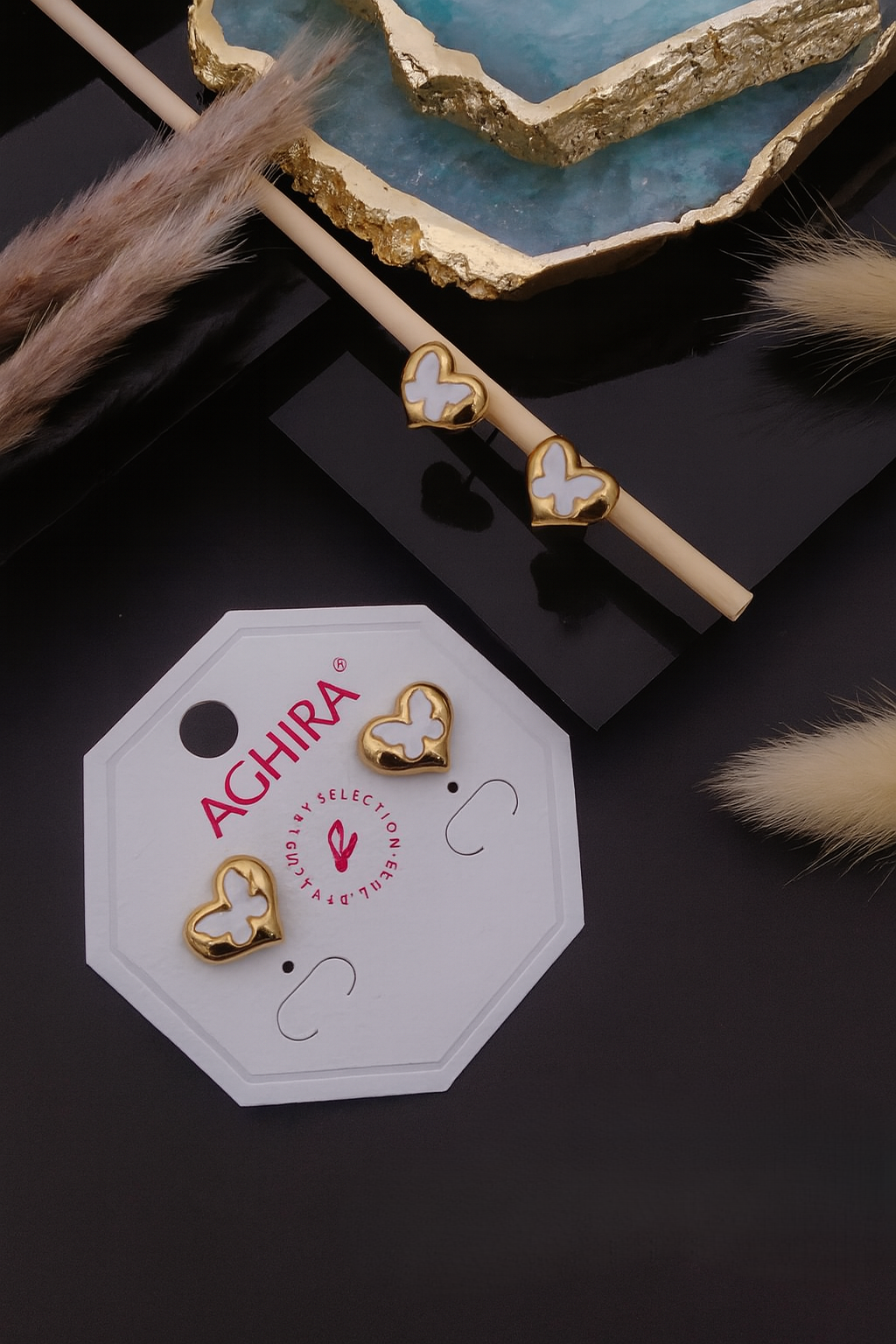 Heart Enamel Earrings – Gold Outline with White Center