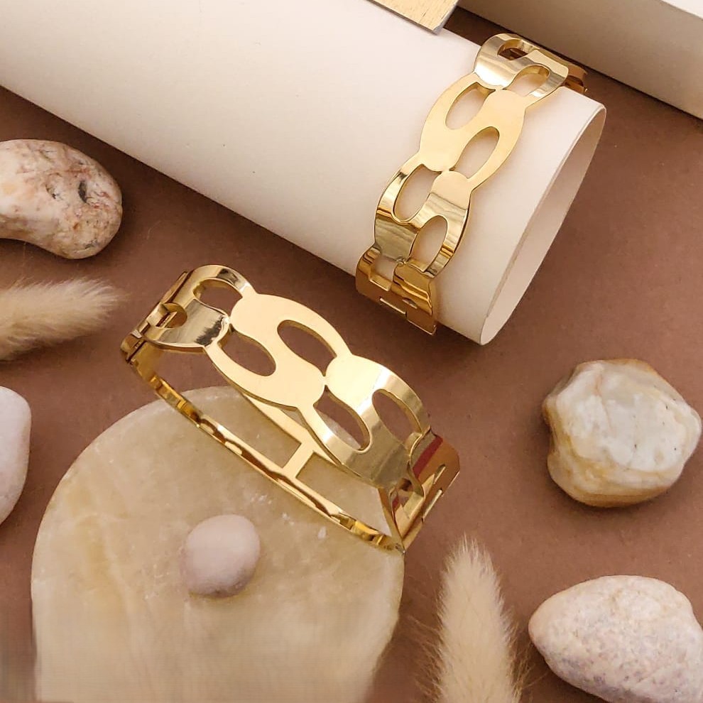 Geometric Gold-Tone Cuff Bracelet – Modern Oval & Rectangle Cutout Design