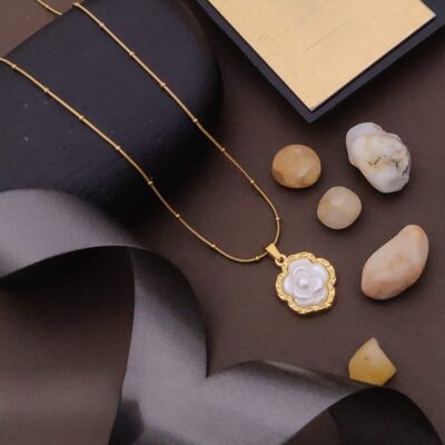 Pearl Whorl Necklace – White Rose Pendant in Gold Greek Frame