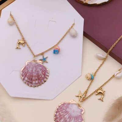 Scallop Pearl Gold Necklace – Pink Shell Pendant, Dolphin & Starfish Charms