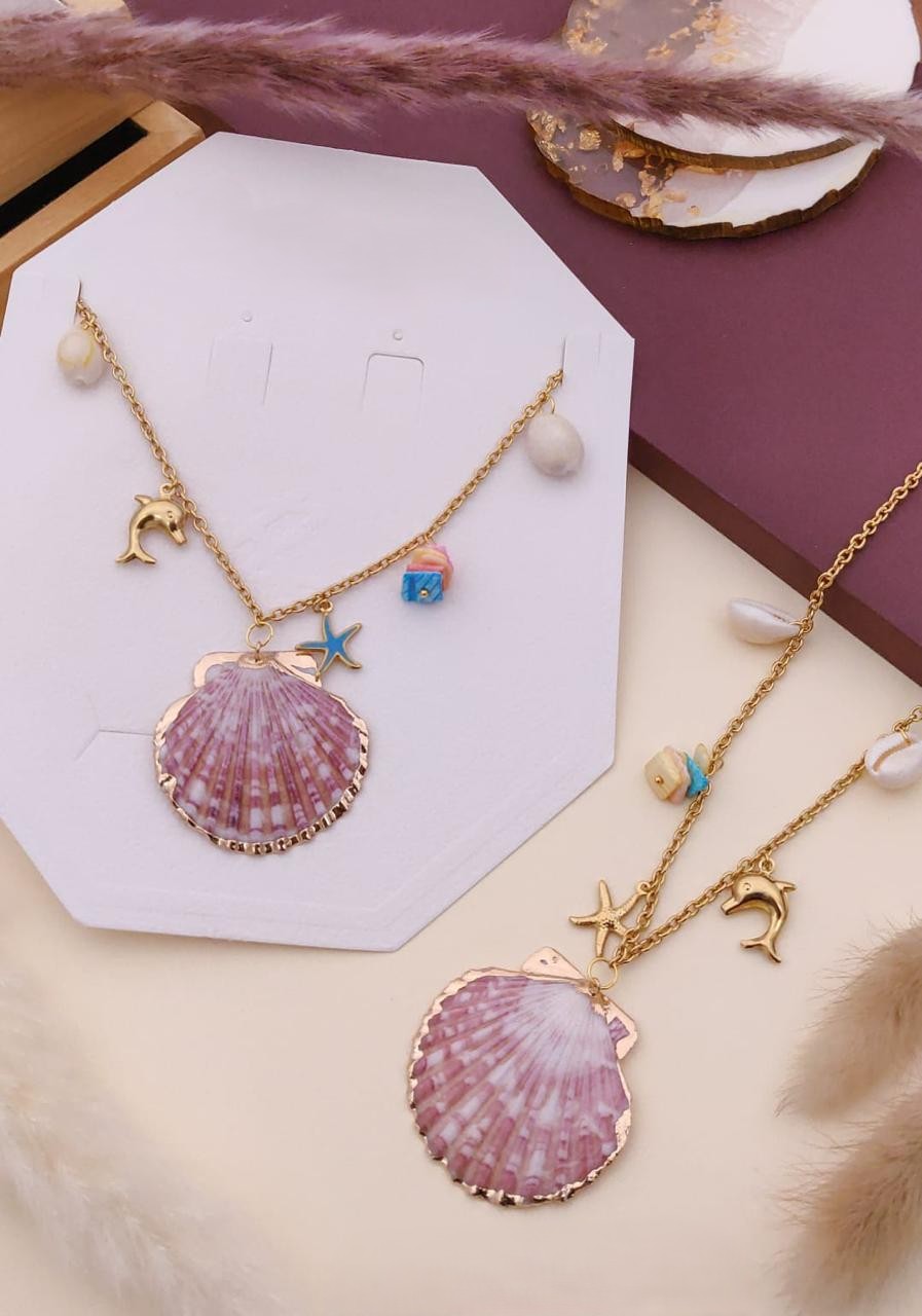 Scallop Pearl Gold Necklace – Pink Shell Pendant, Dolphin & Starfish Charms