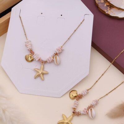 Shell Star Gold Necklace – Pink Shell Beads, Cowrie & Starfish Charms