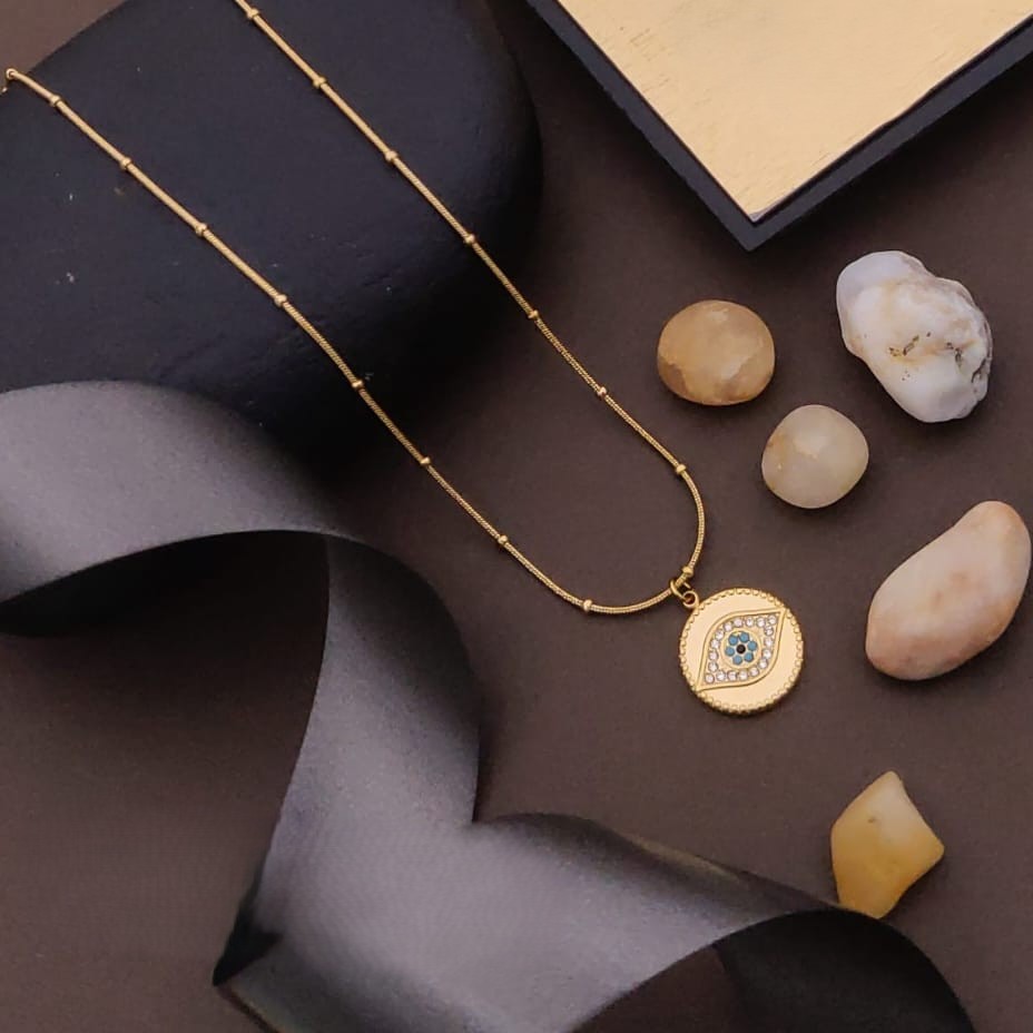 Turquoise Halo Necklace – Evil Eye Pendant with CZ Stones on Gold Beaded Chain