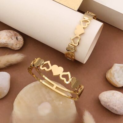Heart-to-Heart Gold Bangles – Linked Heart Motif
