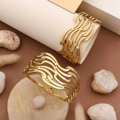 Wavy Flow Gold Bangles – Sculptural Openwork
